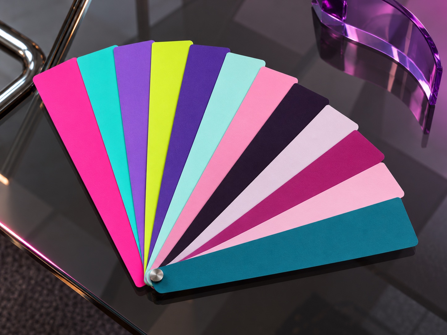 A vivid colour fan in pink, violet and cyan